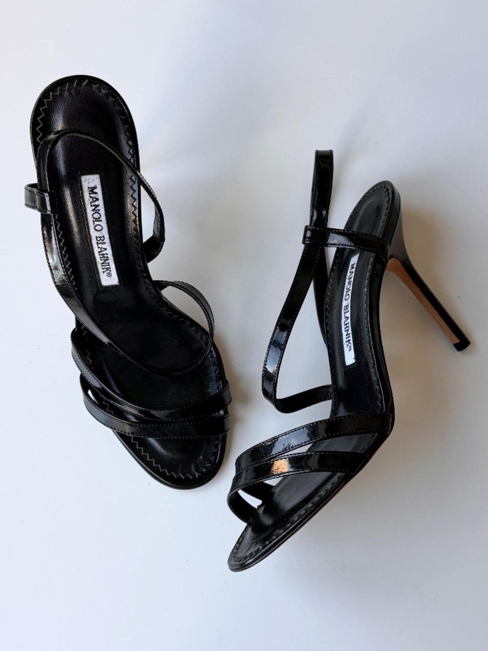 Vintage Manolo Blahnik Black Patent Leather Strappy Sandals, IT 36.5